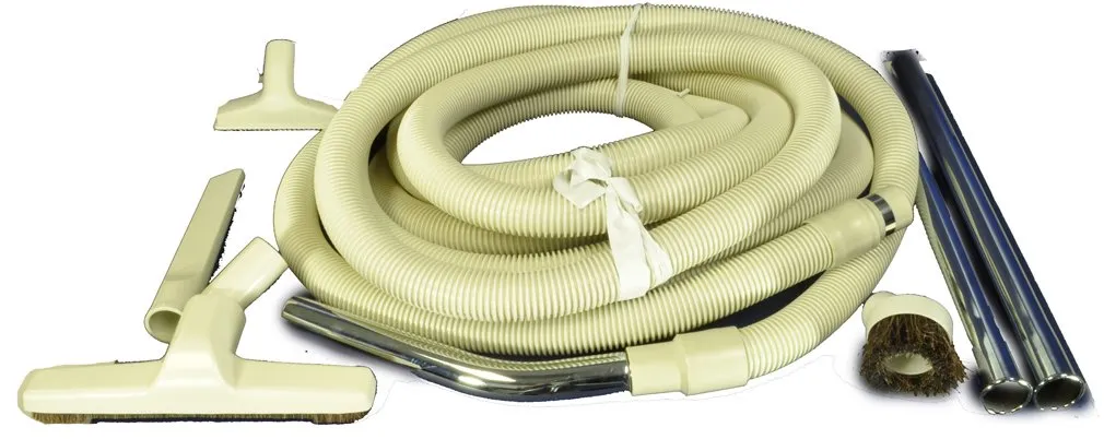 Central Vacuum Cleaner Garage Attachment Kit, contains 1 white molded plastic 30 foot non electric hose, dust brush, floor brush, crevice tool, upholstery nozzle, hose hanger, 2 wands