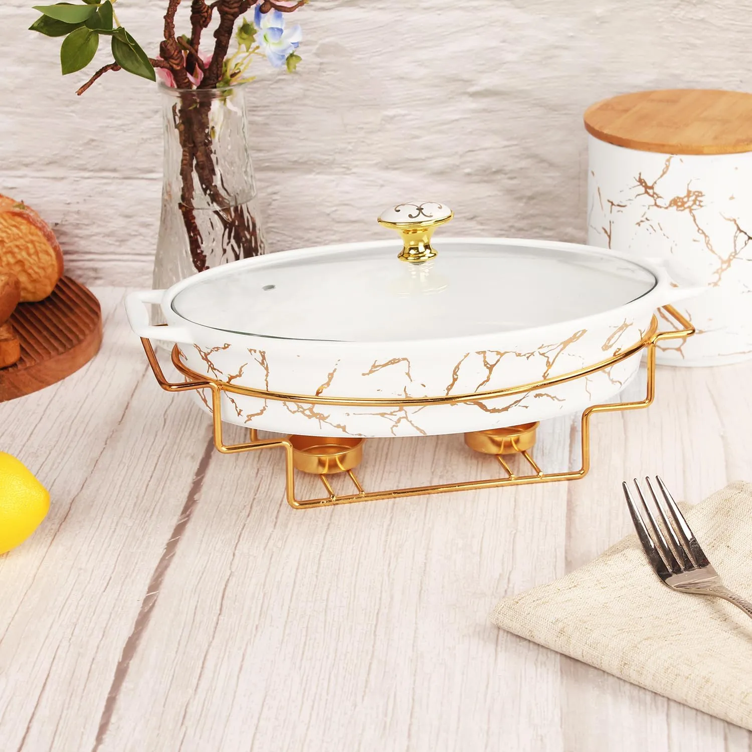 Ceramic Casserole Baking Dish With Glass cover, Lasagna Pan Deep for Oven,34 ounce Baking Pan with Handles, Oven Safe&Durable Bakeware for Home Decor 12.2Inch With golden rack