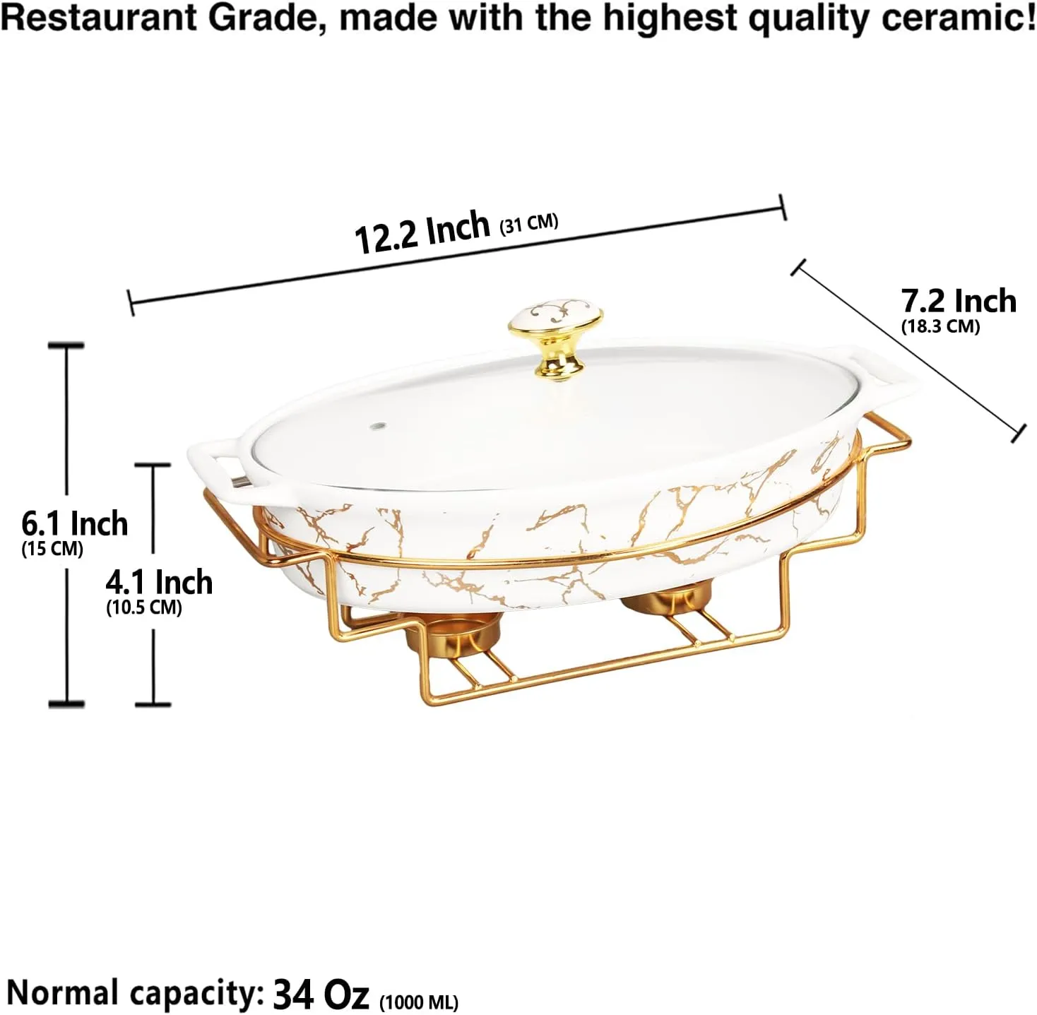 Ceramic Casserole Baking Dish With Glass cover, Lasagna Pan Deep for Oven,34 ounce Baking Pan with Handles, Oven Safe&Durable Bakeware for Home Decor 12.2Inch With golden rack
