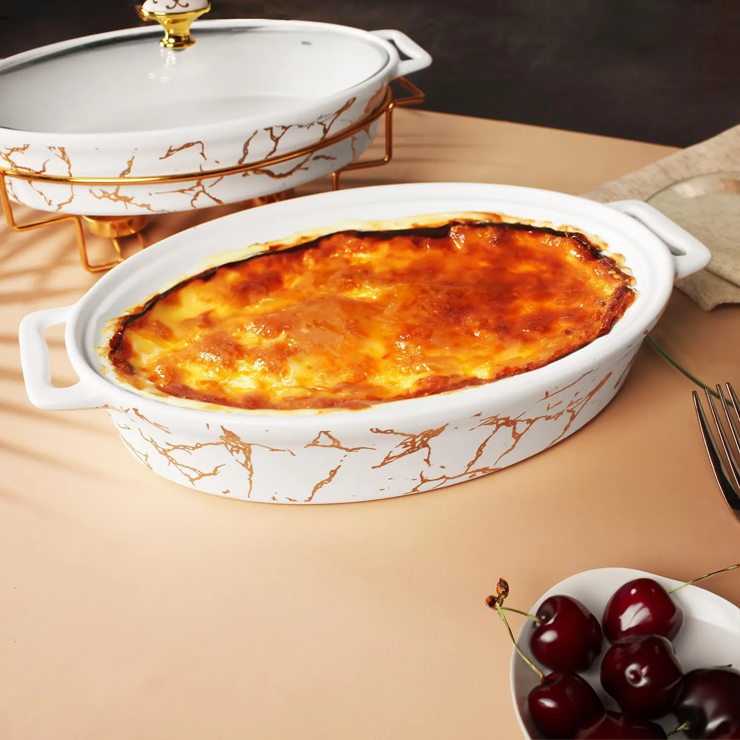 Ceramic Casserole Baking Dish With Glass cover, Lasagna Pan Deep for Oven,34 ounce Baking Pan with Handles, Oven Safe&Durable Bakeware for Home Decor 12.2Inch With golden rack