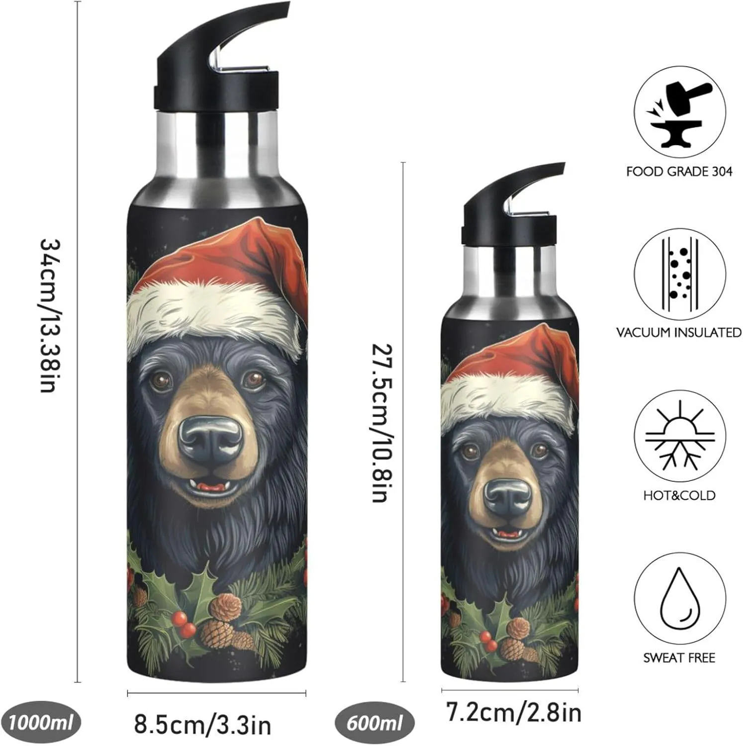 Christmas Style Animals Sloth Sport Water Bottle Insulated Stainless Steel Large Vacuum Flask Leak Proof Thermos with Straw for Travel(600ml/1000ml)