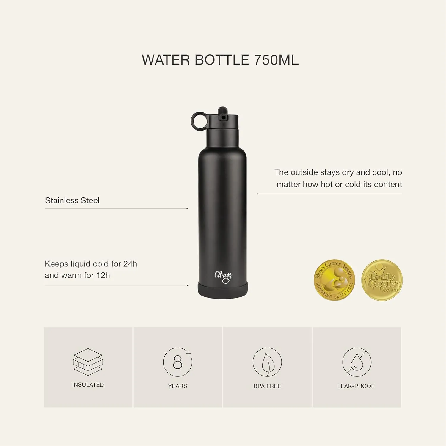 Citron Vacuum Insulated Stainless Steel Water Bottle 750ml Thunder Black, C6297001196595, SS Water Bottle