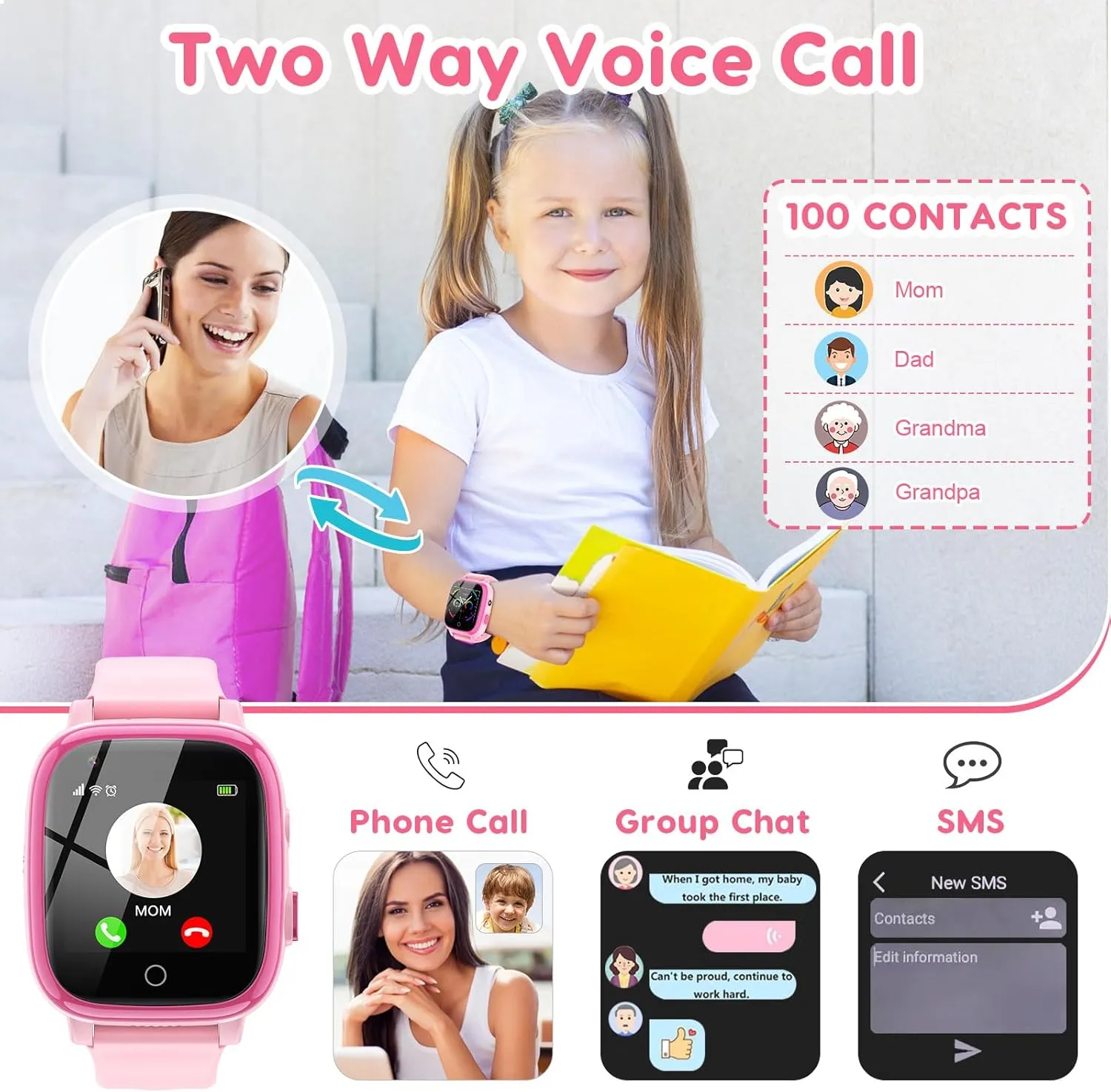 cjc 4G Smart Watch for Kids with GPS Tracker, Texting and Calling, Kids Watch for Ages 4-12 - Includes 2 Way Call, Video Call, Chat, SOS Alerts, App - Fun & Educational Birthday Gift Idea (Pink)