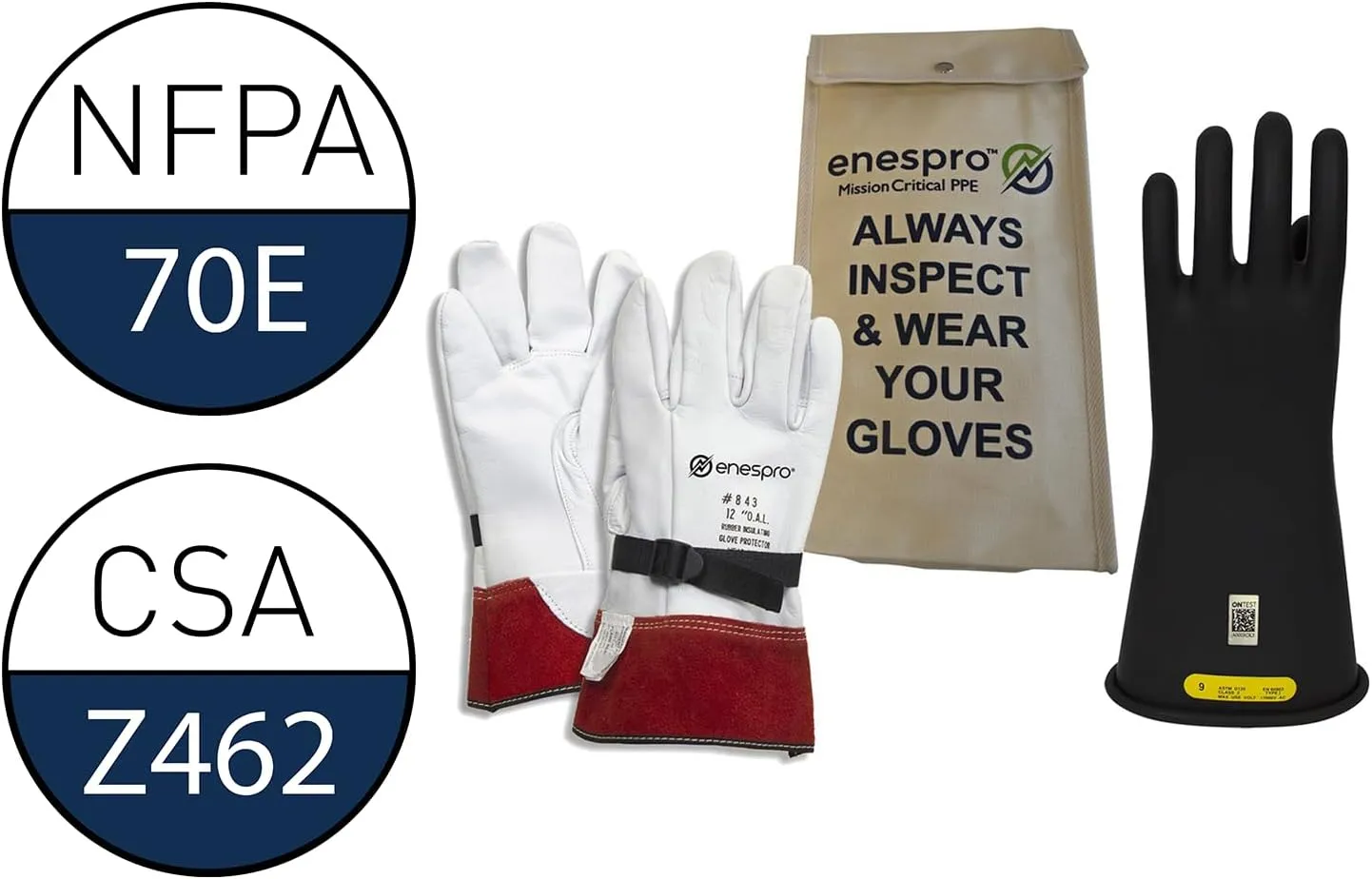 Class 2 Black Rubber Voltage Insulating Glove Kit with Leather Protectors, Max. Use Voltage 17,000V AC/ 25,500V DC (KITGC2B10)