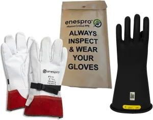 Class 2 Black Rubber Voltage Insulating Glove Kit with Leather Protectors, Max. Use Voltage 17,000V AC/ 25,500V DC (KITGC2B10)