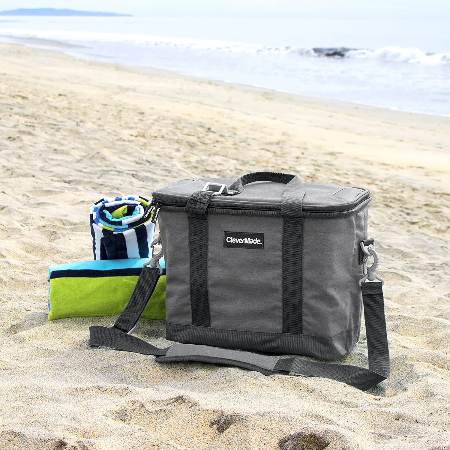 CleverMade Collapsible Cooler Bag with Shoulder Strap: Insulated Leakproof 30 Can Portable Soft Beverage Tote with Bottle Opener for Camping, Lunch, Beach, Picnic; Grey/Blue, 20L