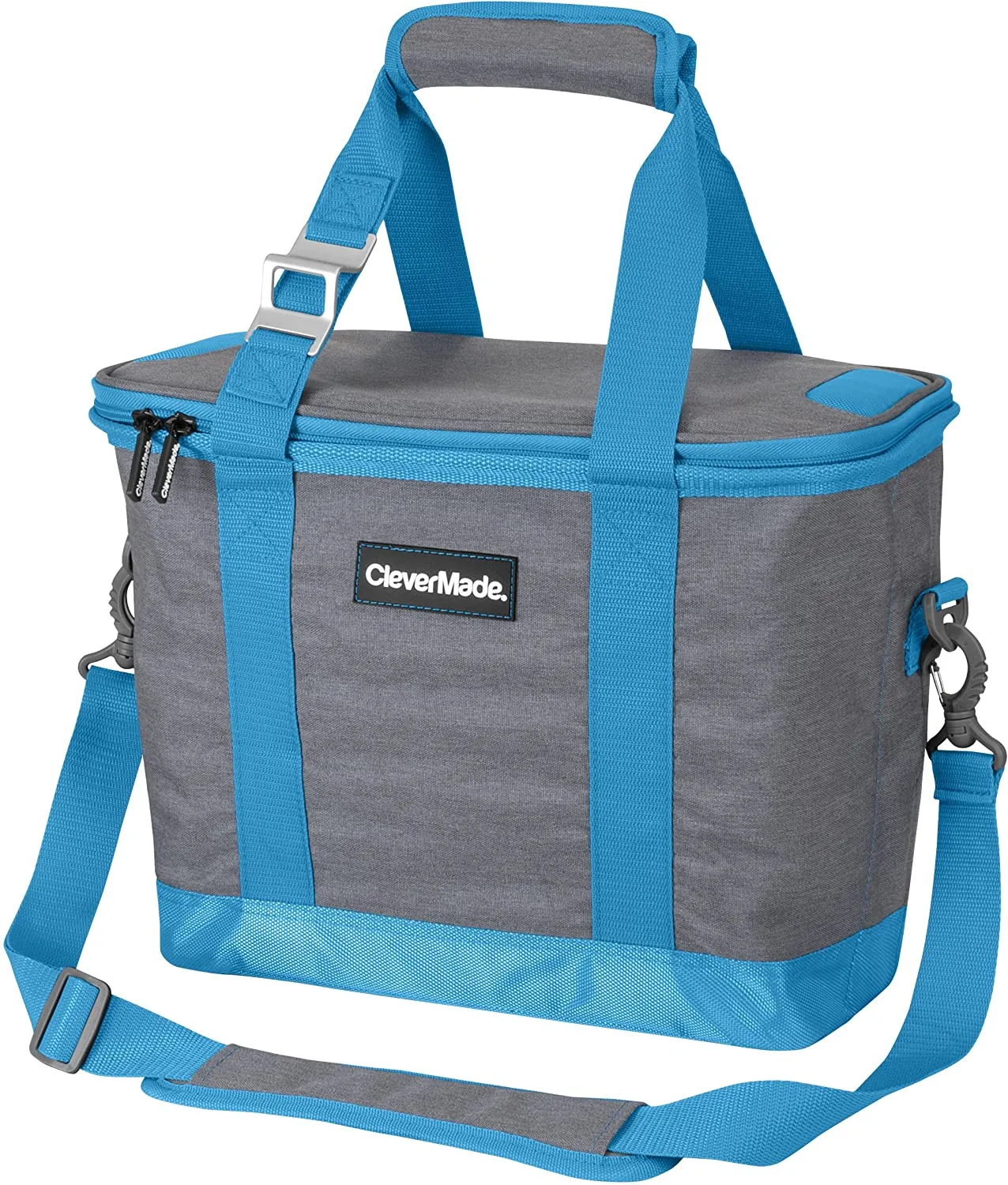 CleverMade Collapsible Cooler Bag with Shoulder Strap: Insulated Leakproof 30 Can Portable Soft Beverage Tote with Bottle Opener for Camping, Lunch, Beach, Picnic; Grey/Blue, 20L