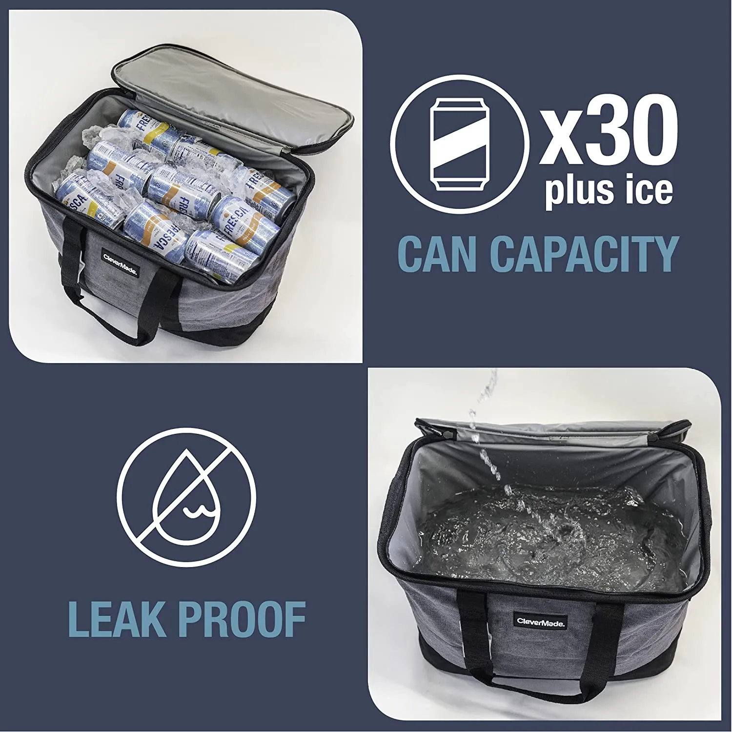 CleverMade Collapsible Cooler Bag with Shoulder Strap: Insulated Leakproof 30 Can Portable Soft Beverage Tote with Bottle Opener for Camping, Lunch, Beach, Picnic; Grey/Blue, 20L