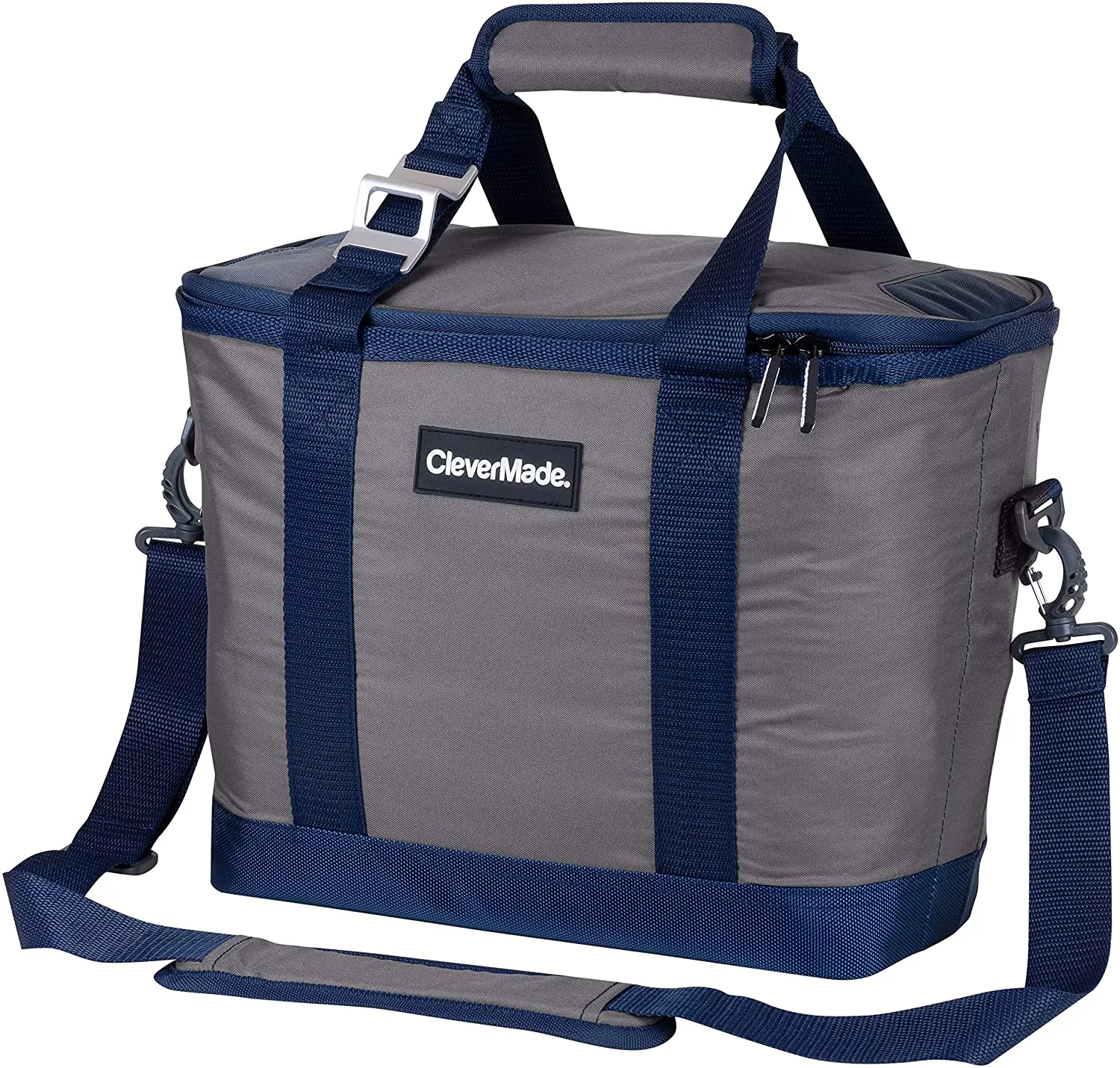 CleverMade Collapsible Cooler Bag with Shoulder Strap: Insulated Leakproof 30 Can Portable Soft Beverage Tote with Bottle Opener for Camping, Lunch, Beach, Picnic; Grey/Blue, 20L