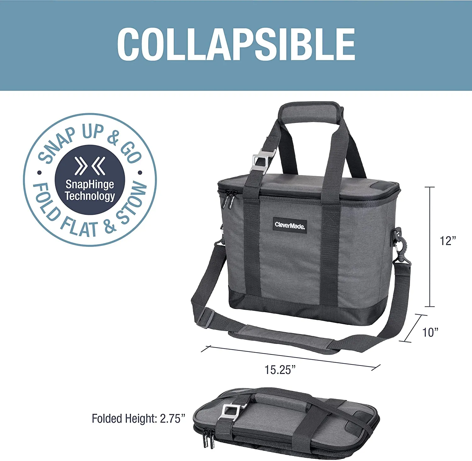 CleverMade Collapsible Cooler Bag with Shoulder Strap: Insulated Leakproof 30 Can Portable Soft Beverage Tote with Bottle Opener for Camping, Lunch, Beach, Picnic; Grey/Blue, 20L