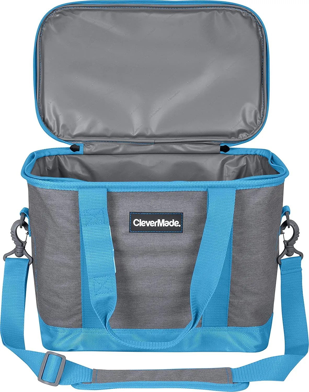 CleverMade Collapsible Cooler Bag with Shoulder Strap: Insulated Leakproof 30 Can Portable Soft Beverage Tote with Bottle Opener for Camping, Lunch, Beach, Picnic; Grey/Blue, 20L