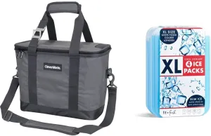 CleverMade Collapsible Cooler Bag with Shoulder Strap: Insulated Leakproof 30 Can Portable Soft Beverage Tote with Bottle Opener for Camping, Lunch, Beach, Picnic; Grey/Blue, 20L