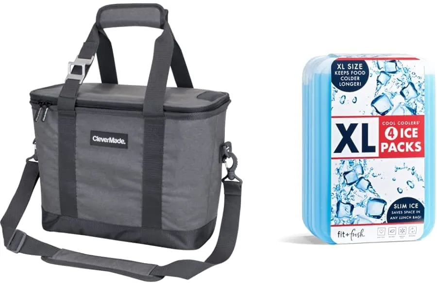CleverMade Collapsible Cooler Bag with Shoulder Strap: Insulated Leakproof 30 Can Portable Soft Beverage Tote with Bottle Opener for Camping, Lunch, Beach, Picnic; Grey/Blue, 20L
