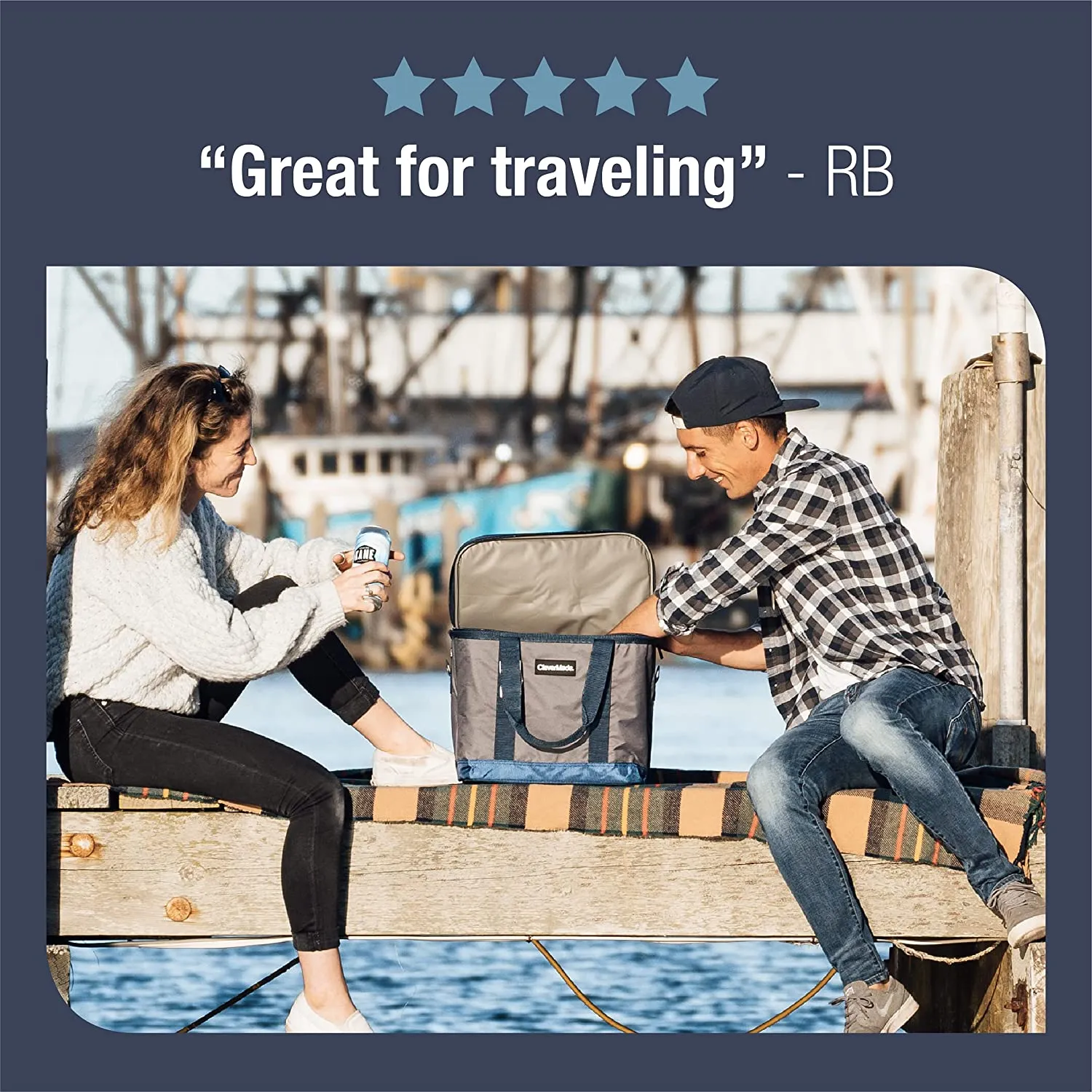 CleverMade Collapsible Cooler Bag with Shoulder Strap: Insulated Leakproof 30 Can Portable Soft Beverage Tote with Bottle Opener for Camping, Lunch, Beach, Picnic; Grey/Blue, 20L
