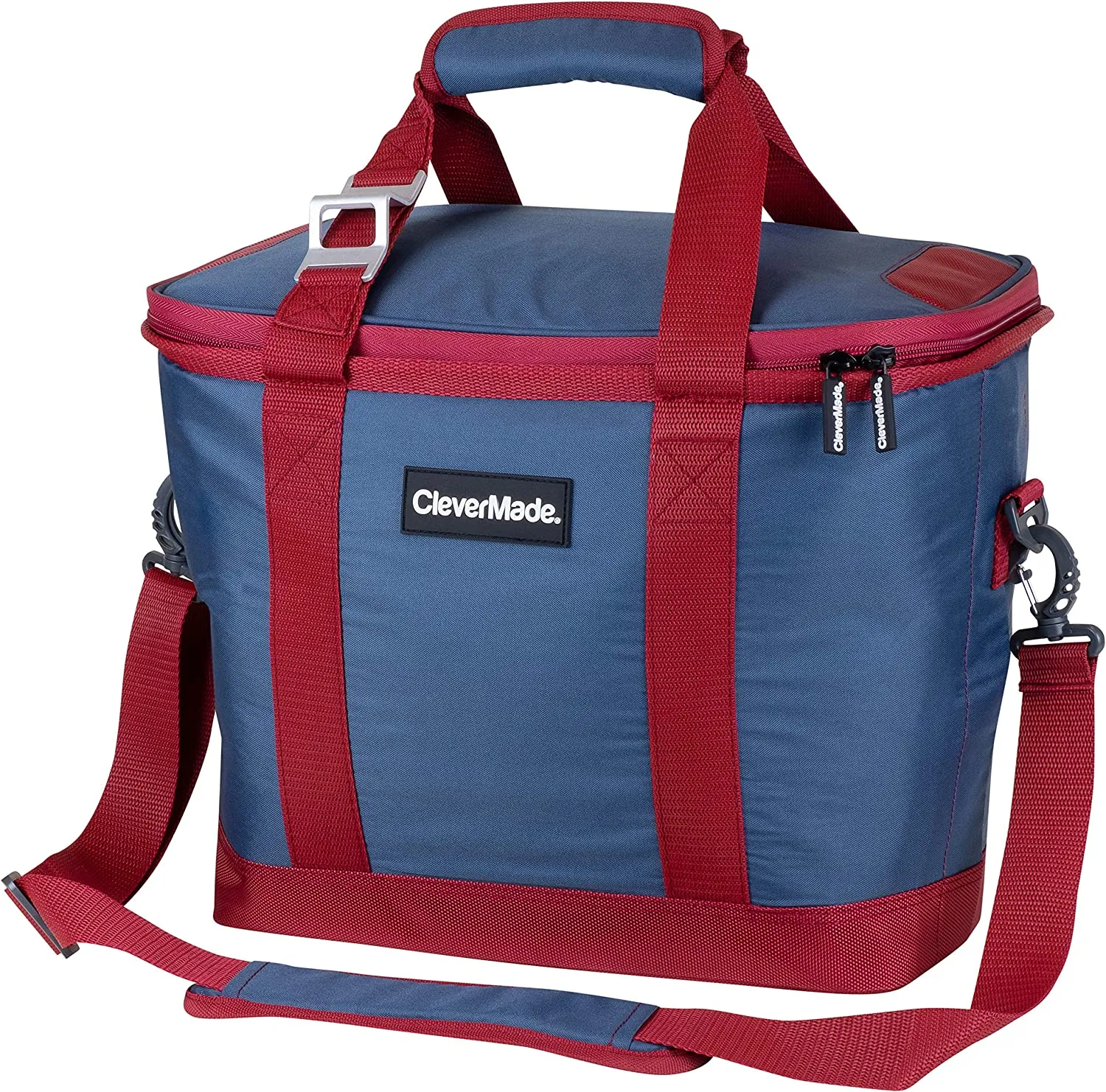 CleverMade Collapsible Cooler Bag with Shoulder Strap: Insulated Leakproof 30 Can Portable Soft Beverage Tote with Bottle Opener for Camping, Lunch, Beach, Picnic; Grey/Blue, 20L
