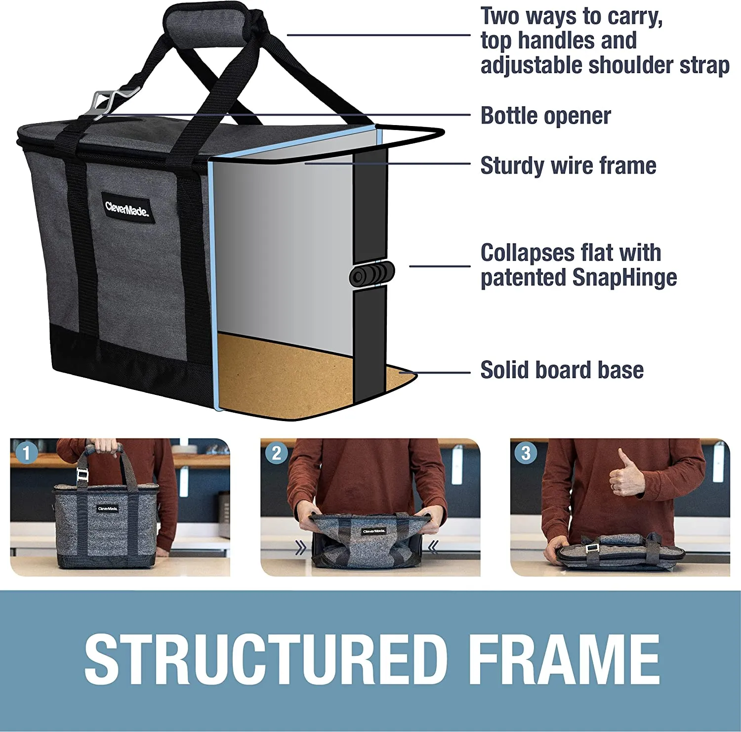 CleverMade Collapsible Cooler Bag with Shoulder Strap: Insulated Leakproof 30 Can Portable Soft Beverage Tote with Bottle Opener for Camping, Lunch, Beach, Picnic; Grey/Blue, 20L