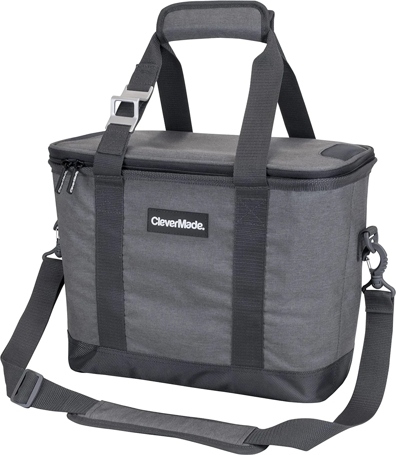 CleverMade Collapsible Cooler Bag with Shoulder Strap: Insulated Leakproof 30 Can Portable Soft Beverage Tote with Bottle Opener for Camping, Lunch, Beach, Picnic; Grey/Blue, 20L