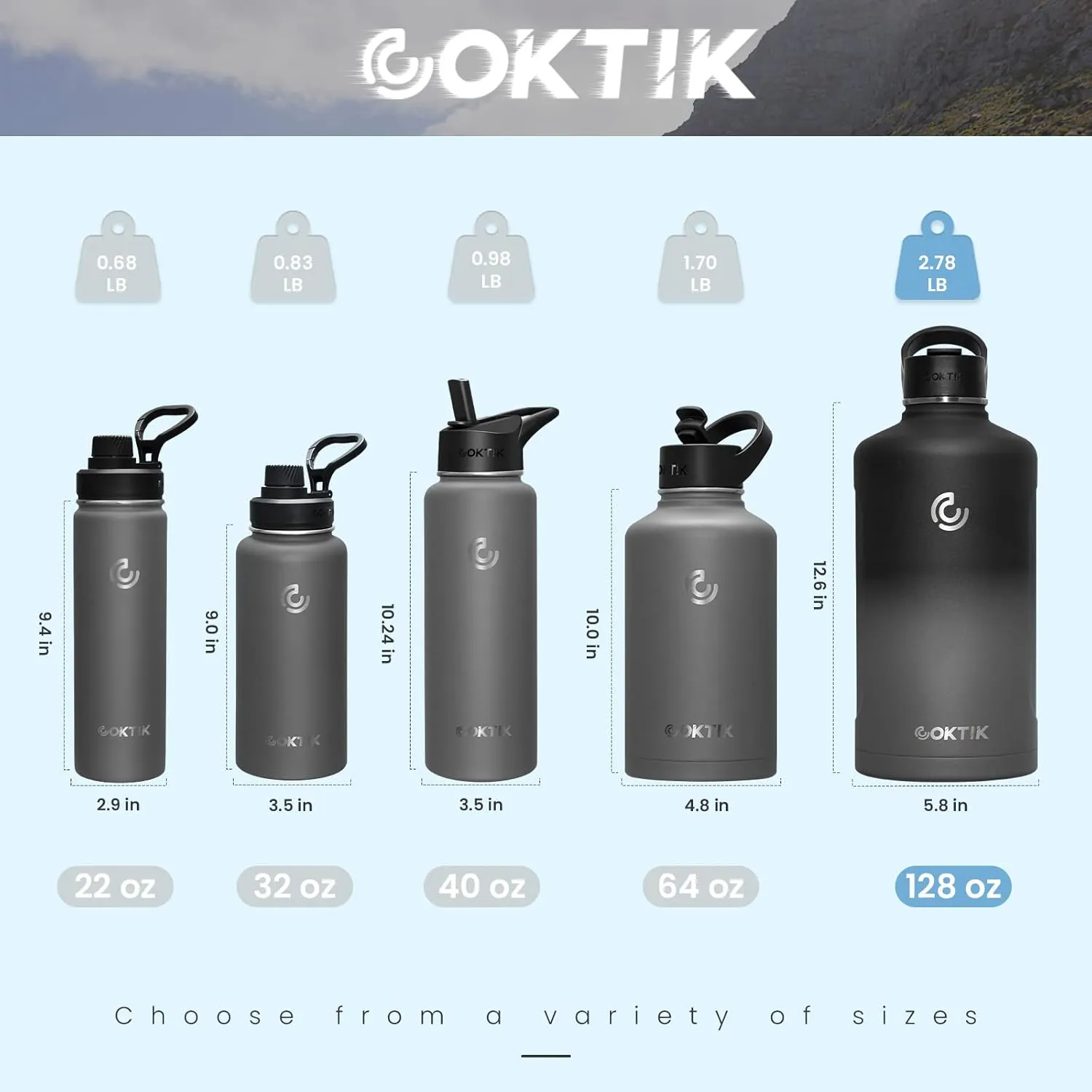 COKTIK 128 oz/One Gallon Water Bottle Insulated, Double Walled Vacumm Metal Stainless Steel Sports Water Bottle with Reusable 2 Lids for Sports, Gym, Fitness or Office(Gray Gradient)