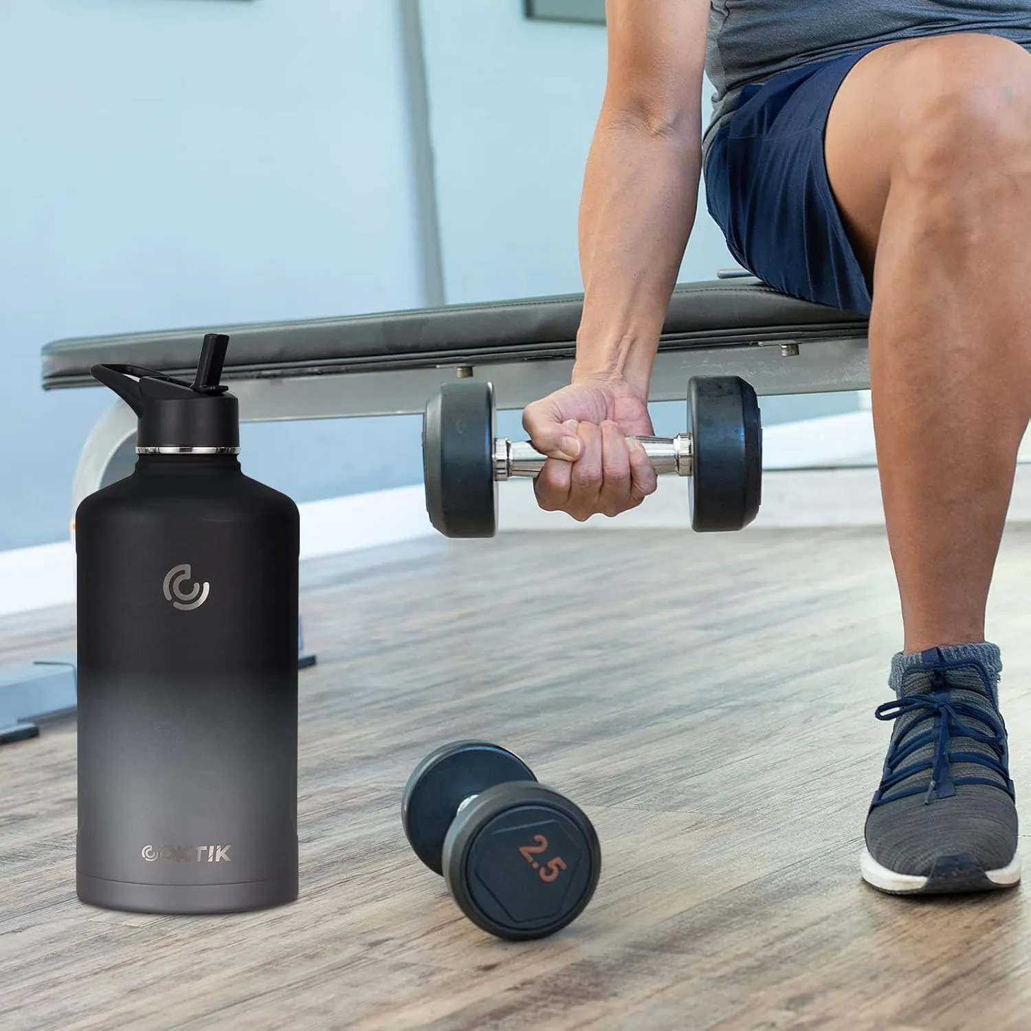 COKTIK 128 oz/One Gallon Water Bottle Insulated, Double Walled Vacumm Metal Stainless Steel Sports Water Bottle with Reusable 2 Lids for Sports, Gym, Fitness or Office(Gray Gradient)
