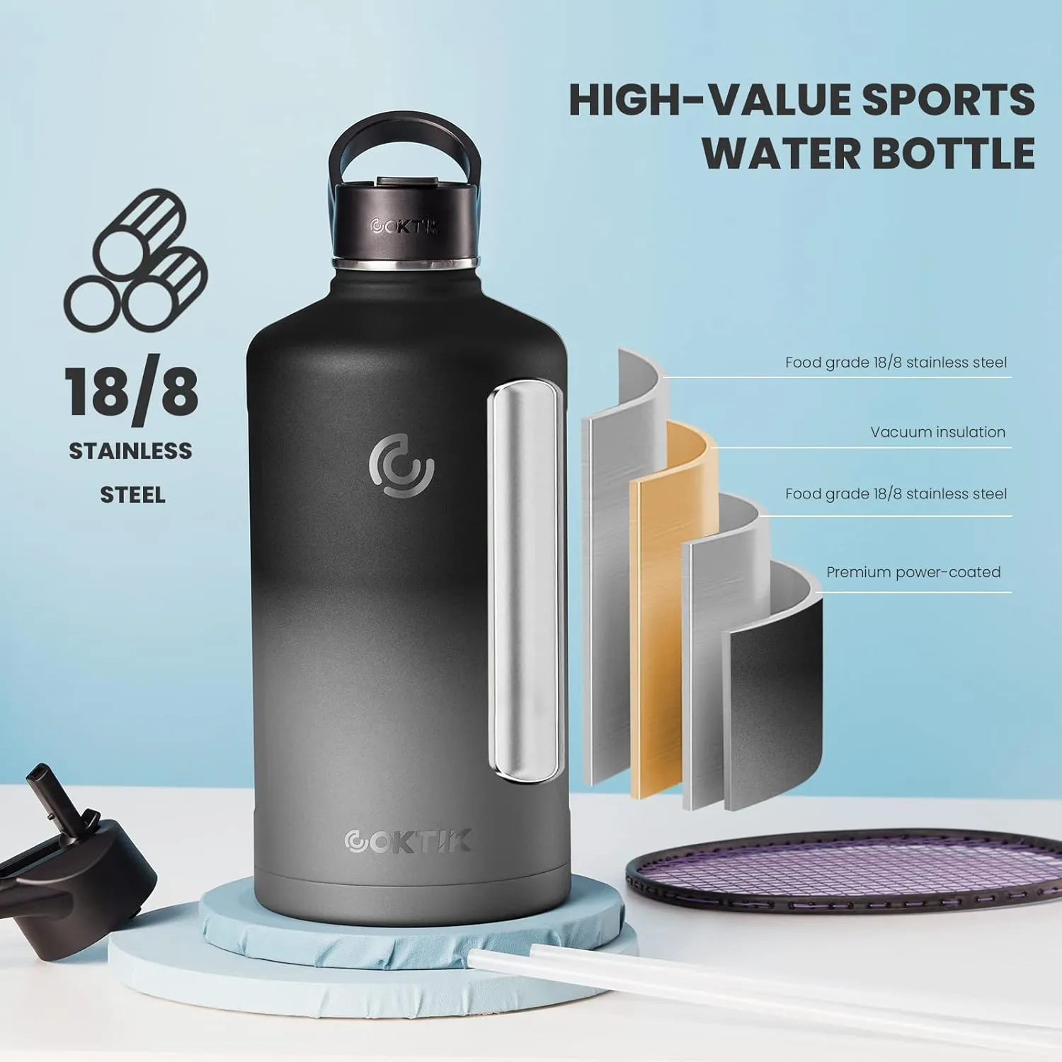 COKTIK 128 oz/One Gallon Water Bottle Insulated, Double Walled Vacumm Metal Stainless Steel Sports Water Bottle with Reusable 2 Lids for Sports, Gym, Fitness or Office(Gray Gradient)