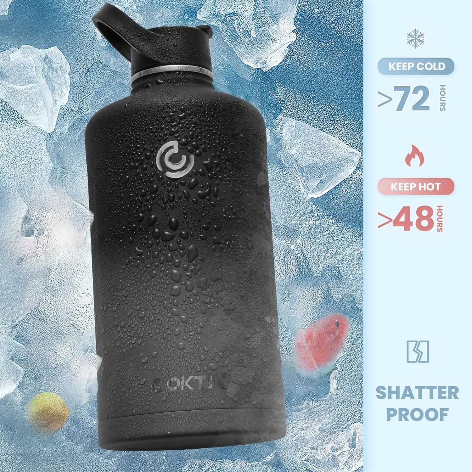 COKTIK 128 oz/One Gallon Water Bottle Insulated, Double Walled Vacumm Metal Stainless Steel Sports Water Bottle with Reusable 2 Lids for Sports, Gym, Fitness or Office(Gray Gradient)