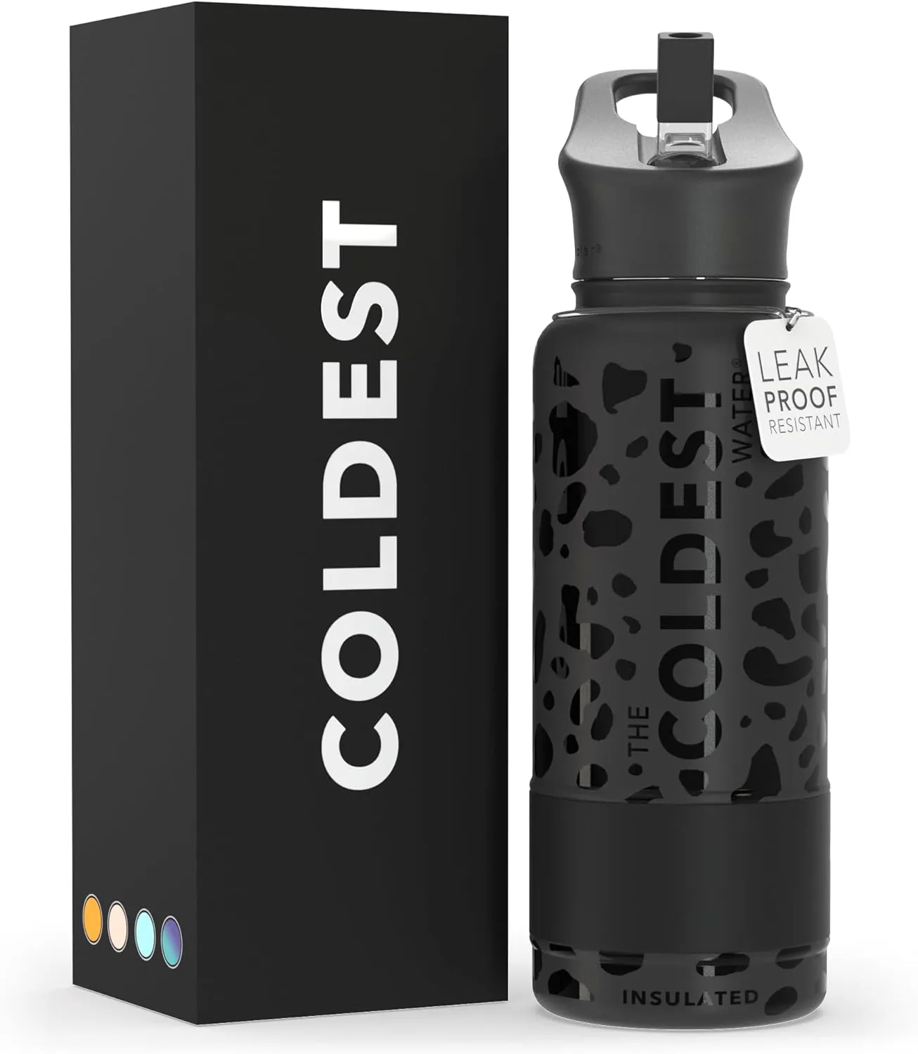 Coldest Insulated Water Bottle with Straw Lid - Stainless Steel Metal Thermos for Men & Women (Black Leopard, 32 oz)