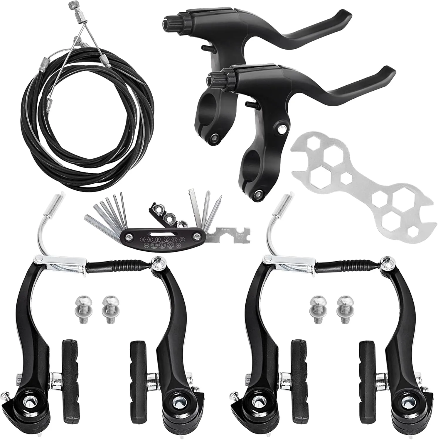Complete Bike Brakes Set, Universal Bike Front and Rear MTB Brake, Inner and Outer Callipers Cables Lever Kit with Multi-Tool Wrenches Black