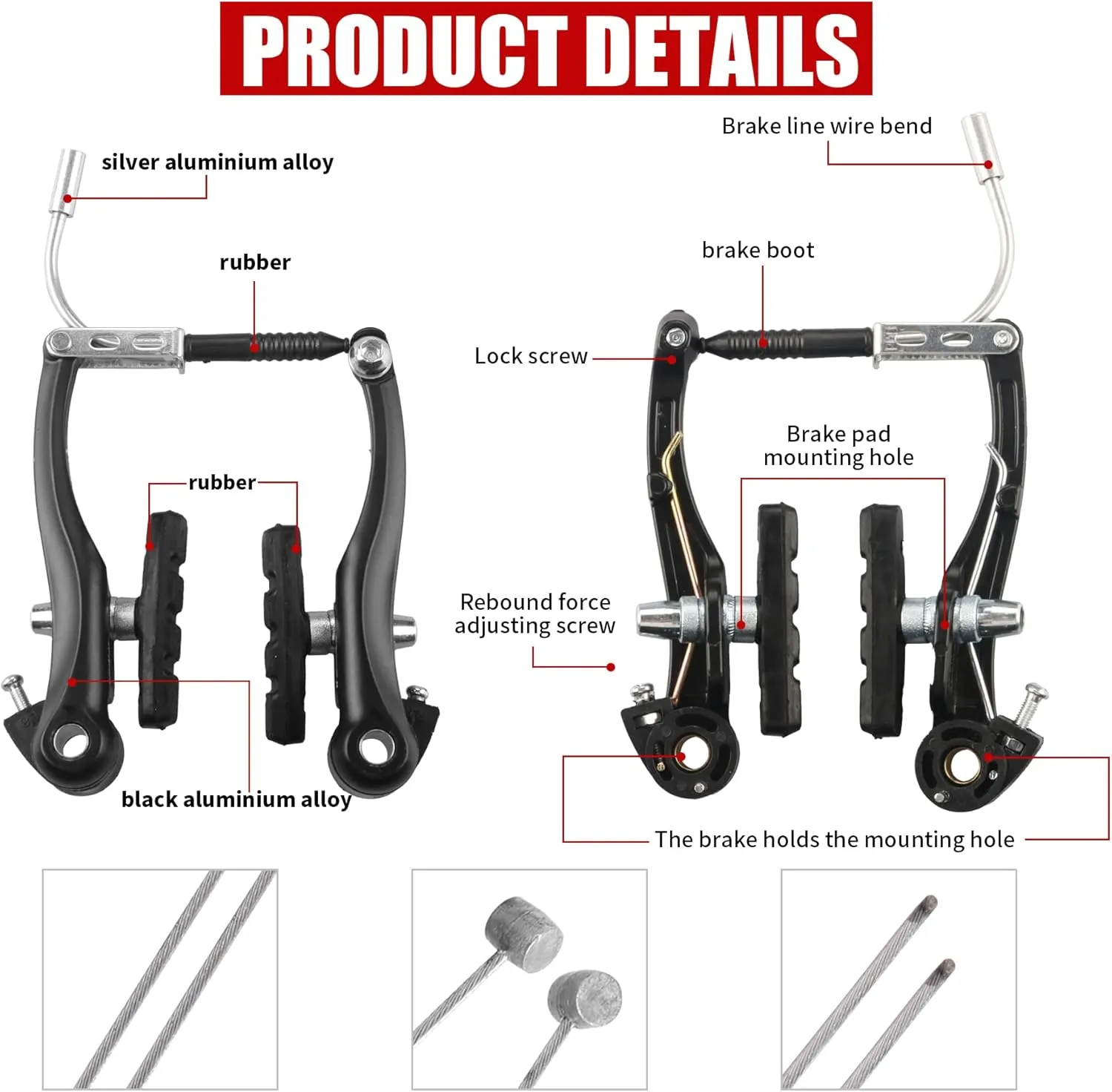 Complete Bike Brakes Set，Inner and Outer Callipers Cables Lever Kit ，Universal Bike Front and Rear MTB Brake with Multi-Tool Wrenches Black White
