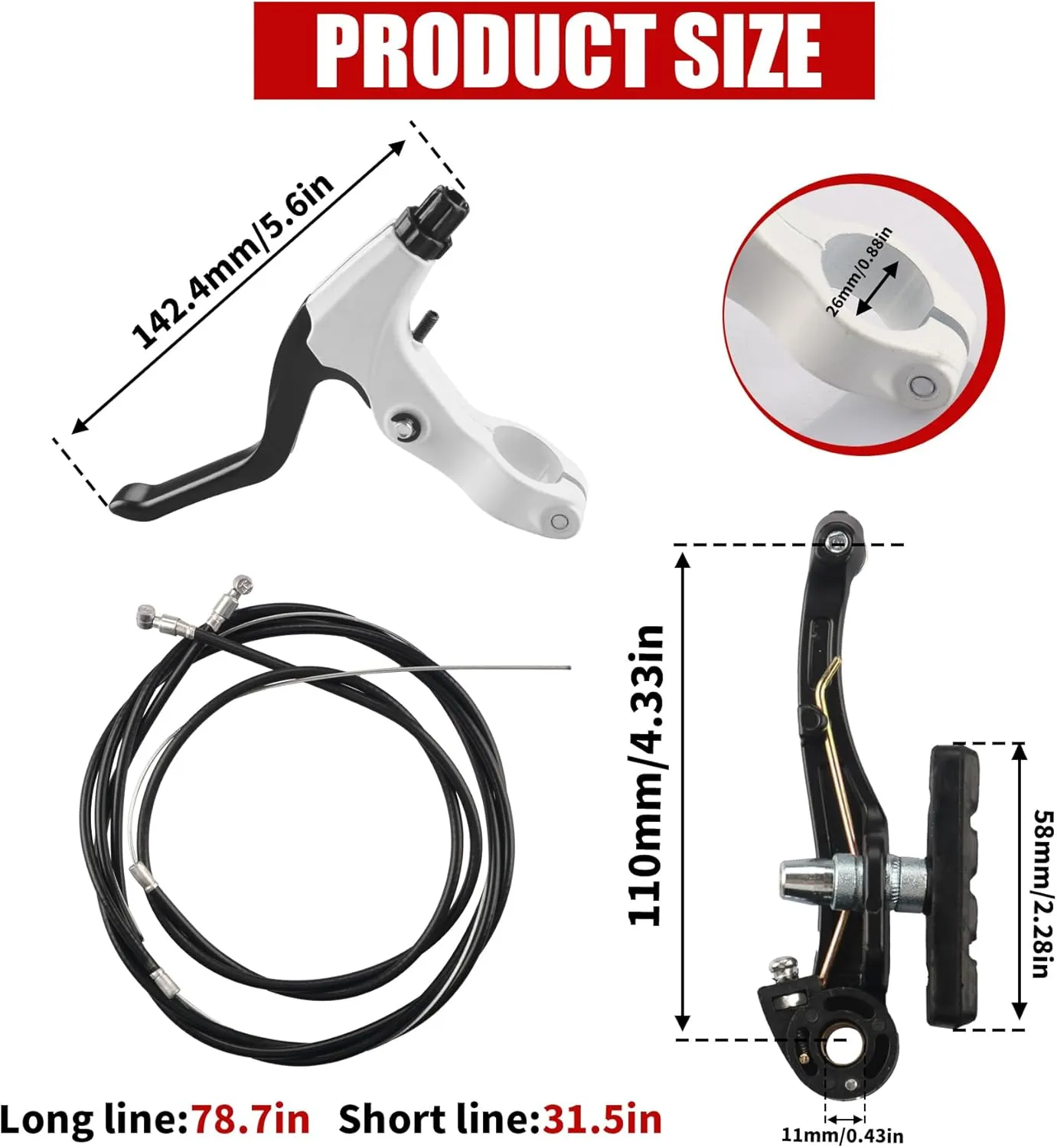 Complete Bike Brakes Set，Inner and Outer Callipers Cables Lever Kit ，Universal Bike Front and Rear MTB Brake with Multi-Tool Wrenches Black White