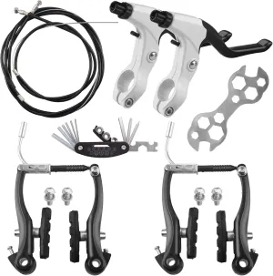 Complete Bike Brakes Set，Inner and Outer Callipers Cables Lever Kit ，Universal Bike Front and Rear MTB Brake with Multi-Tool Wrenches Black White