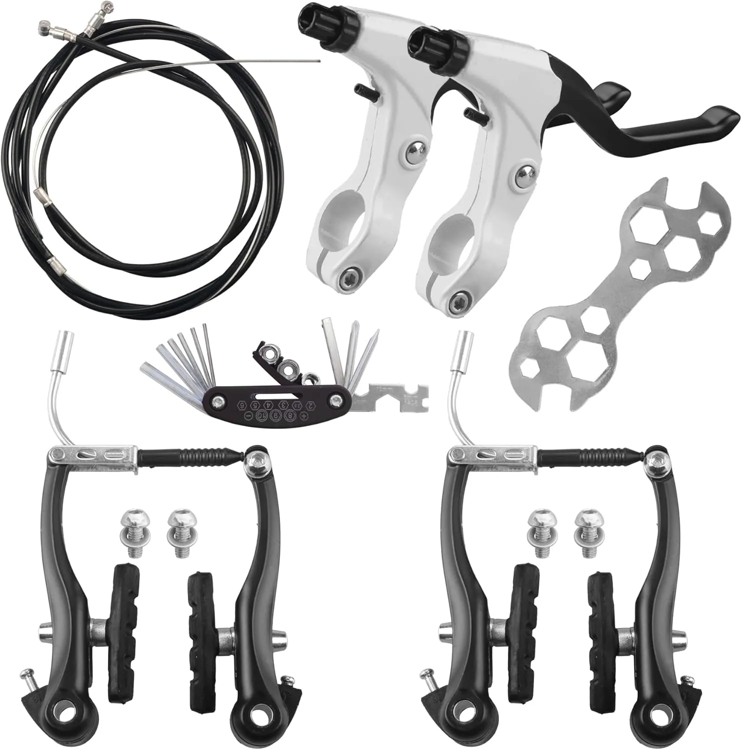 Complete Bike Brakes Set，Inner and Outer Callipers Cables Lever Kit ，Universal Bike Front and Rear MTB Brake with Multi-Tool Wrenches Black White