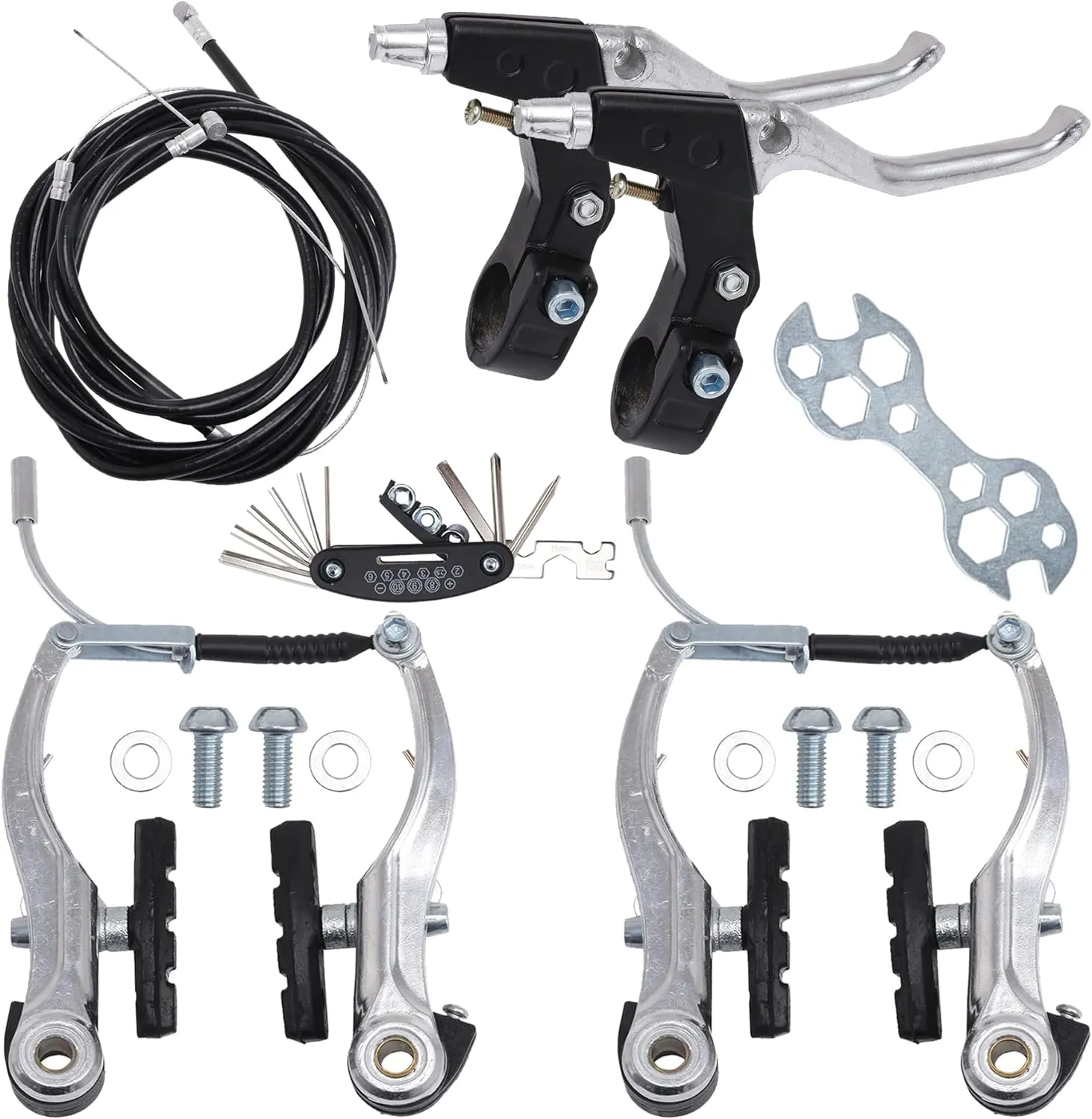 Complete V Bike Brake Set, Front and Rear Bike MTB Brake,Inner and Outer Callipers Cables Lever Kit with Calipers Levers Cables Multi-Tool Wrenches (Silver)