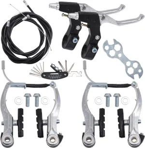 Complete V Bike Brake Set, Front and Rear Bike MTB Brake,Inner and Outer Callipers Cables Lever Kit with Calipers Levers Cables Multi-Tool Wrenches (Silver)