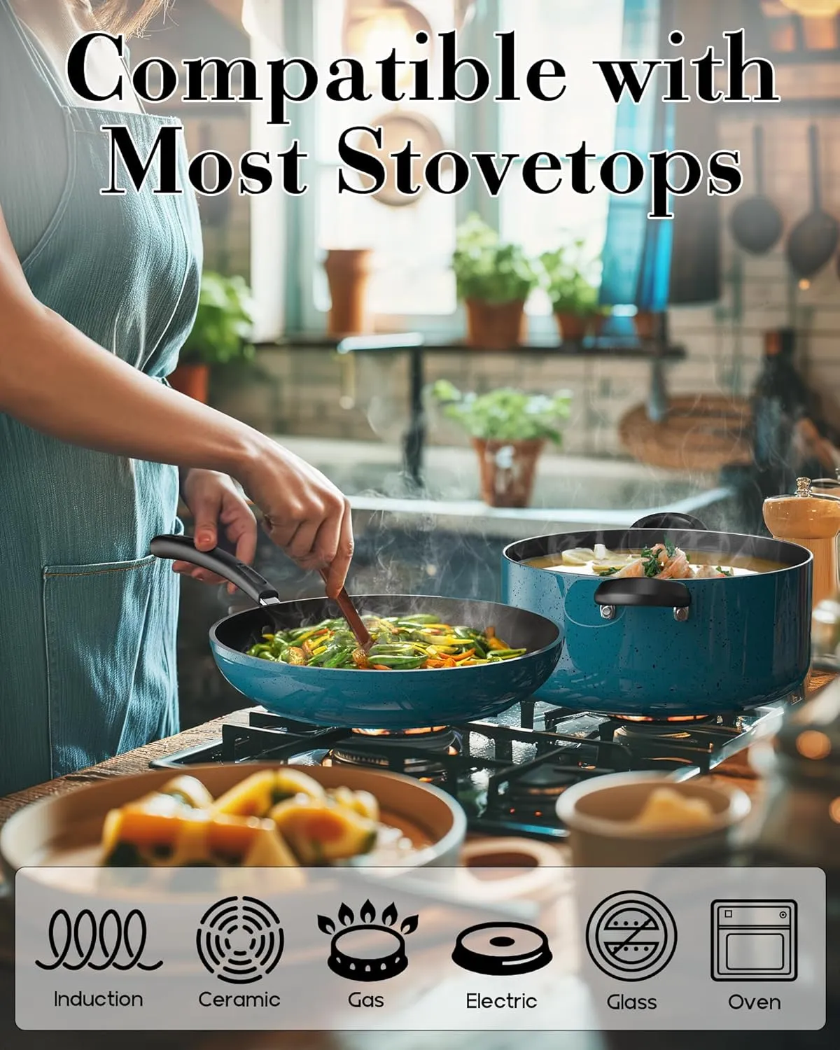 Cook N Home Nonstick Frying Pans Set 3 Piece, 8, 9.5, 11-Inch Kitchen Cooking Skillets Saute Fry Pan Induction Compatible, Turquoise