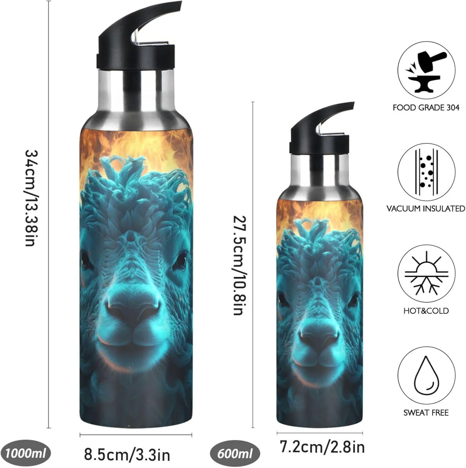 Cool Blue Sheep Sport Water Bottle Insulated Stainless Steel Large Vacuum Flask Leak Proof Thermos with Straw for Travel(600ml/1000ml)