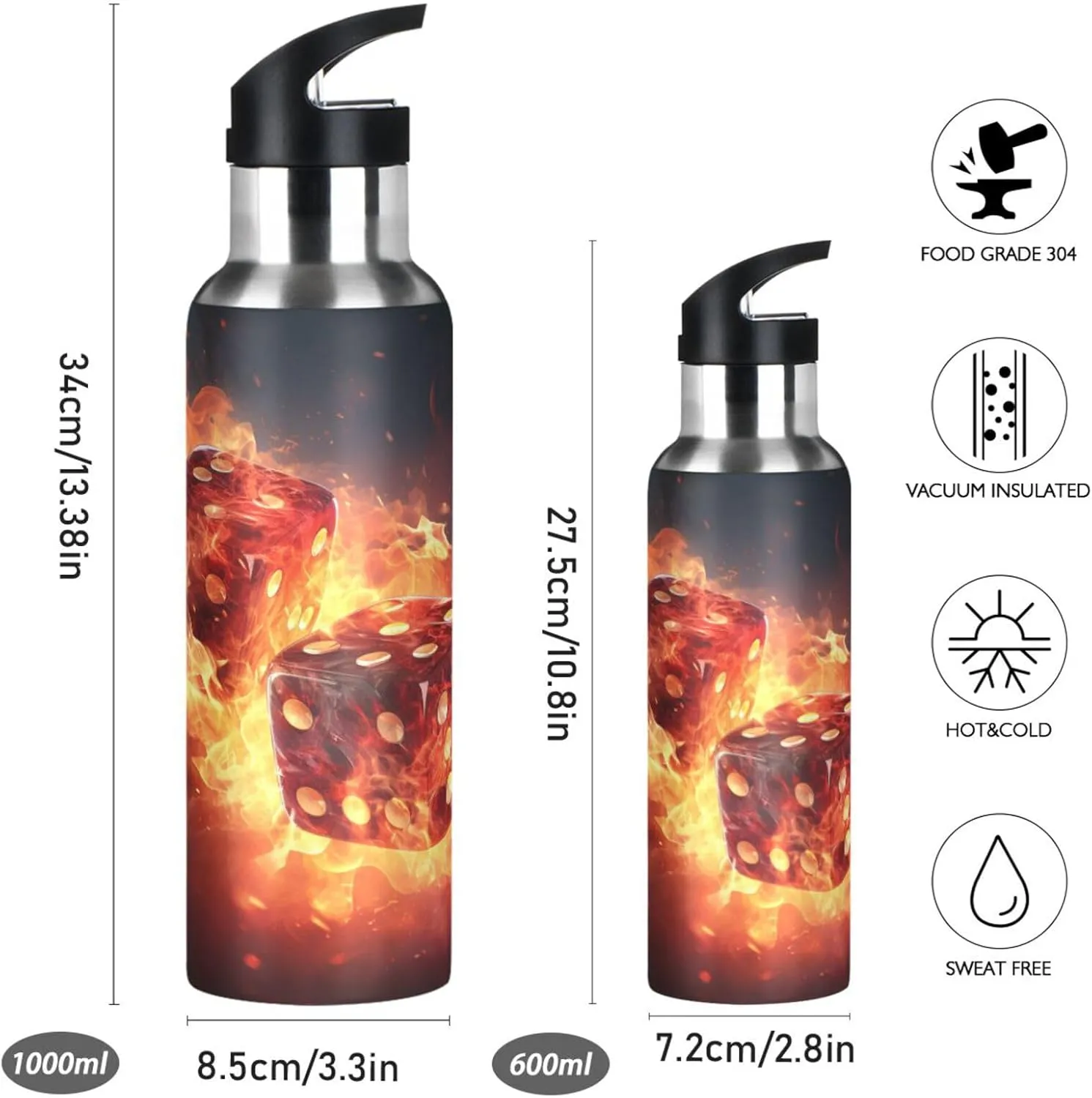 Cool Fire Dices Art Sport Water Bottle Insulated Stainless Steel Large Vacuum Flask Leak Proof Thermos with Straw for Travel(600ml/1000ml)