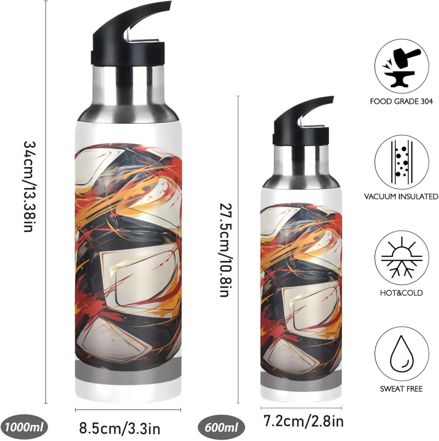 Cool Football Art Sport Water Bottle Insulated Stainless Steel Large Vacuum Flask Leak Proof Thermos with Straw for Travel(600ml/1000ml)