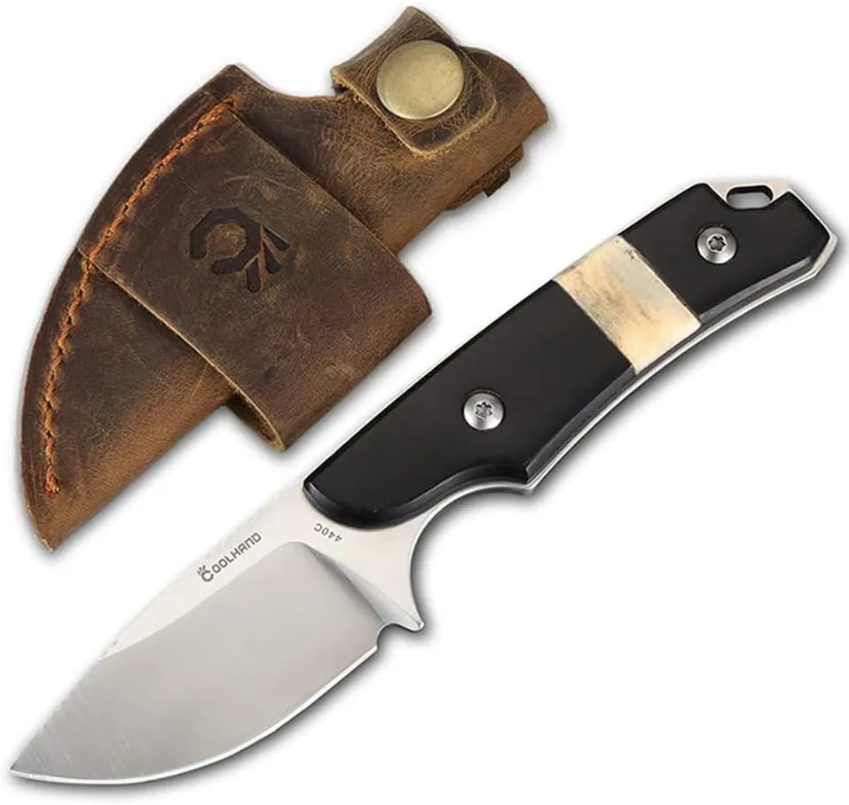 Cool Hand 5.98" Horizontal Carry Knife, Full Tang Compact Survival Hunting Knives, Leather Belt Loop Sheath with Buckle, Outdoors Drop Point 440C Fixed Blade, Buffalo Horn Handle