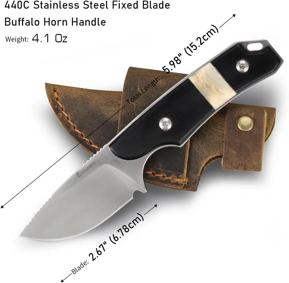 Cool Hand 5.98" Horizontal Carry Knife, Full Tang Compact Survival Hunting Knives, Leather Belt Loop Sheath with Buckle, Outdoors Drop Point 440C Fixed Blade, Buffalo Horn Handle