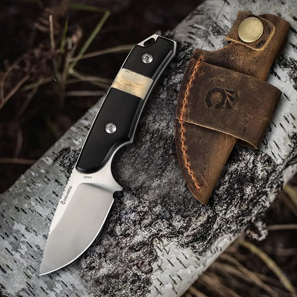 Cool Hand 5.98" Horizontal Carry Knife, Full Tang Compact Survival Hunting Knives, Leather Belt Loop Sheath with Buckle, Outdoors Drop Point 440C Fixed Blade, Buffalo Horn Handle