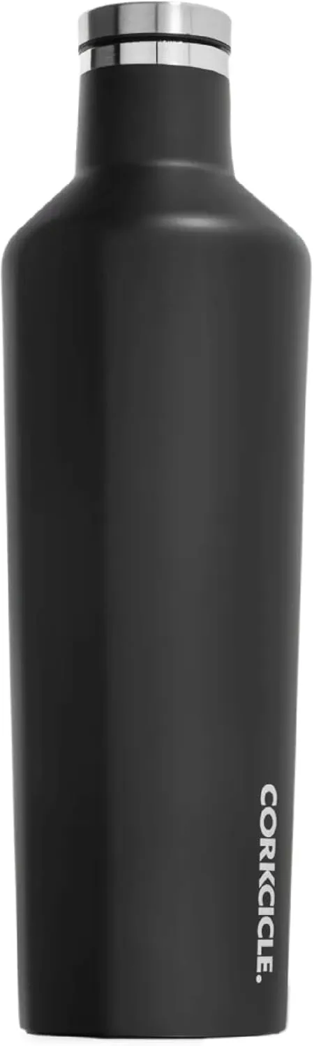 Corkcicle Insulated Water Bottle Thermos, Leakproof, Triple Insulated Stainless Steel, Easy Grip Flat Sides and Screw-on Cap, Cold for 25 Hours or Warm for 12 Hours, 25 oz, Black