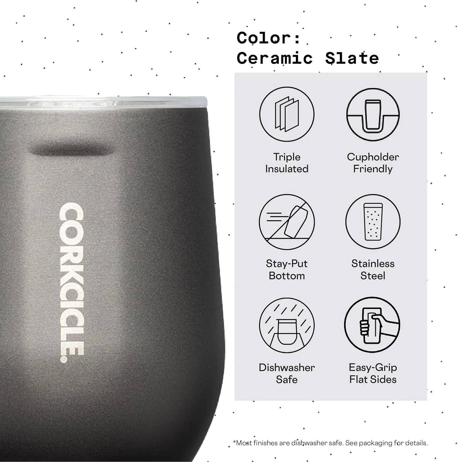 Corkcicle Stemless Insulated Wine Glass Tumbler, Ceramic Slate, 12 oz – Stainless Steel Stemless Wine Glass Keeps Beverages Cold for 6 Hours, Hot for 3 Hours – Non-Slip, Easy-Grip Insulated Cup