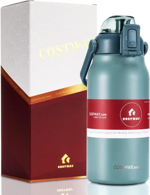 COSTWAY 44oz Vacuum Insulated Water Bottle, Leakproof Flask with Straw, Flip Top Lid, Wide Mouth & Handle Gift, BPA Free Stainless Steel Water Jug for Gym and Outdoor Sports, Grey