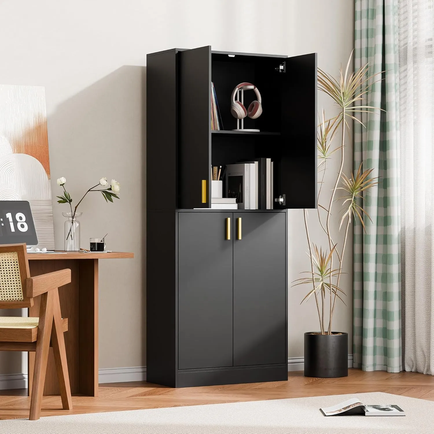 Cozy Castle Kitchen Pantry Cabinet, 71" Tall Wood Storage Cabinet with Doors and Shelves 4 Doors Freestanding Cupboard Utility Hutch for Dining Room Living Room Bathroom Furniture, Black