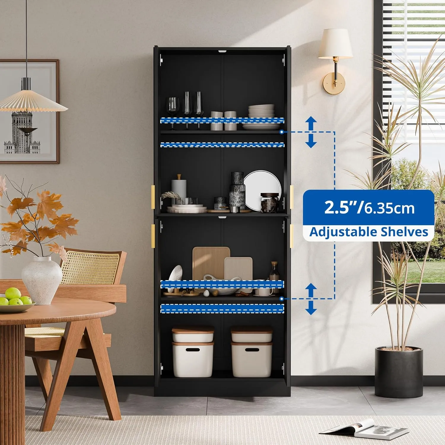 Cozy Castle Kitchen Pantry Cabinet, 71" Tall Wood Storage Cabinet with Doors and Shelves 4 Doors Freestanding Cupboard Utility Hutch for Dining Room Living Room Bathroom Furniture, Black