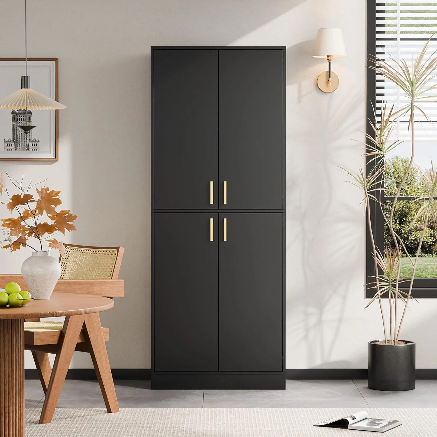 Cozy Castle Kitchen Pantry Cabinet, 71" Tall Wood Storage Cabinet with Doors and Shelves 4 Doors Freestanding Cupboard Utility Hutch for Dining Room Living Room Bathroom Furniture, Black
