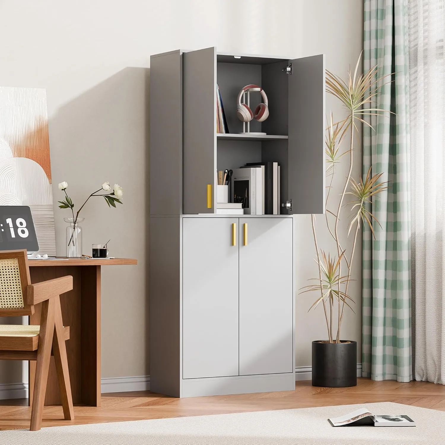 Cozy Castle Kitchen Pantry Cabinet, 71" Tall Wood Storage Cabinet with Doors and Shelves 4 Doors Freestanding Cupboard Utility Hutch for Dining Room Living Room Bathroom Furniture, Gray