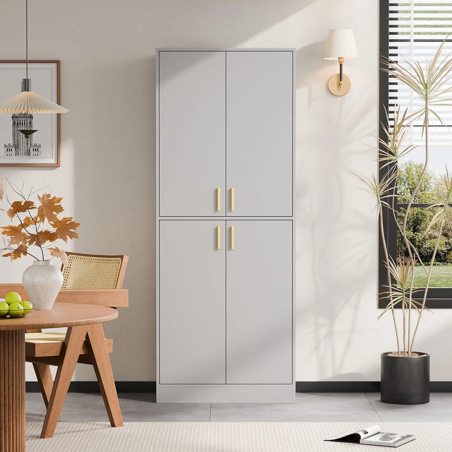 Cozy Castle Kitchen Pantry Cabinet, 71" Tall Wood Storage Cabinet with Doors and Shelves 4 Doors Freestanding Cupboard Utility Hutch for Dining Room Living Room Bathroom Furniture, Gray