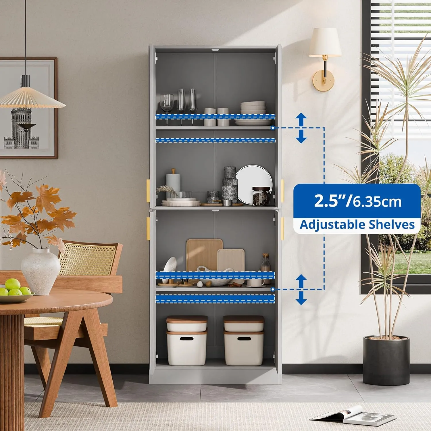 Cozy Castle Kitchen Pantry Cabinet, 71" Tall Wood Storage Cabinet with Doors and Shelves 4 Doors Freestanding Cupboard Utility Hutch for Dining Room Living Room Bathroom Furniture, Gray