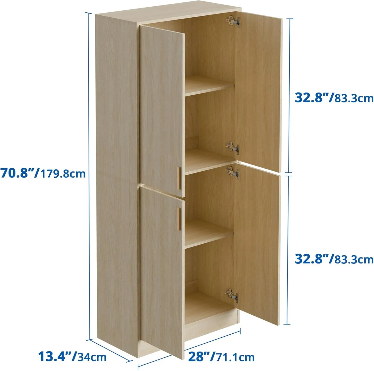 Cozy Castle Kitchen Pantry Cabinet, 71" Tall Wood Storage Cabinet with Doors and Shelves 4 Doors Freestanding Cupboard Utility Hutch for Dining Room Living Room Bathroom Furniture, Oak